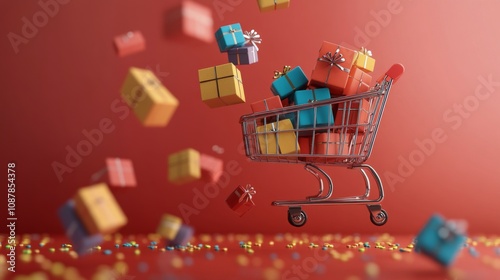 Colorful gift boxes tumble from a cart on a red background for holiday shopping