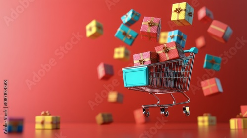 Colorful gift boxes tumble from a cart on a red background for holiday shopping
