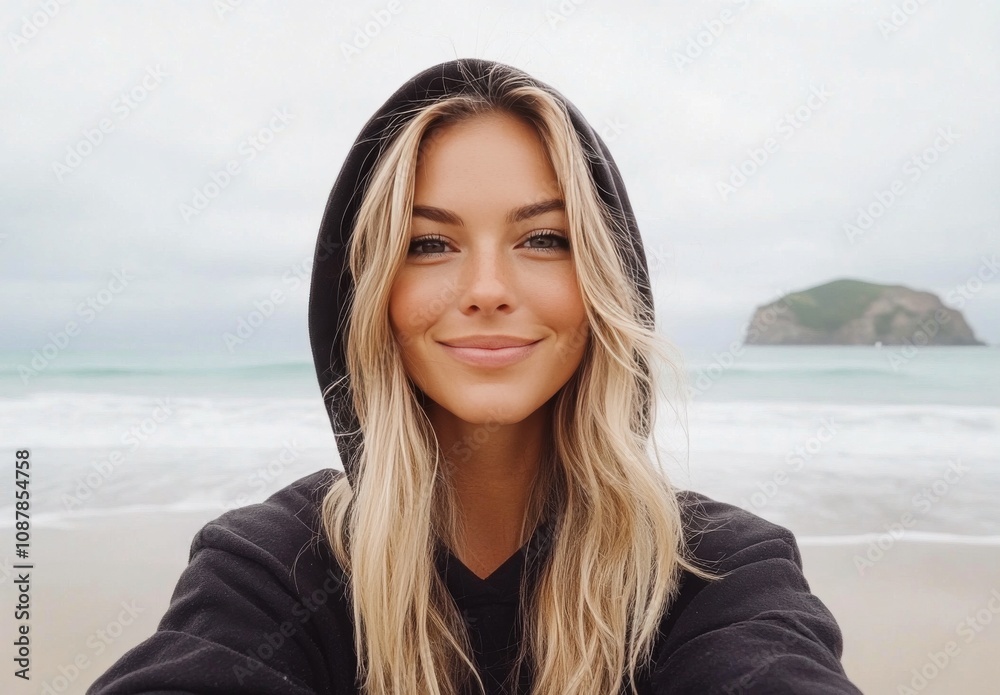 Young woman with long hair in a hoodie smiling on the beach during cloudy weather Young woman with long hair in a hoodie smiling on the beach during cloudy weather