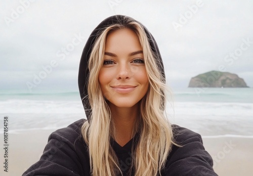 Young woman with long hair in a hoodie smiling on the beach during cloudy wea...