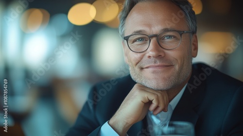 A cheerful middle aged man with glasses enjoys a drink in a cozy cafe during ...