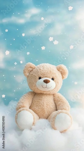 Soft bear sitting on fluffy clouds with blue background during a serene moment