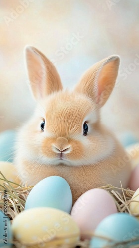 A cute bunny resting among colorful Easter eggs on a soft, blurred background...