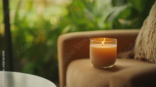 Cozy afternoon ambiance with a lit candle on a soft chair in a relaxing green...