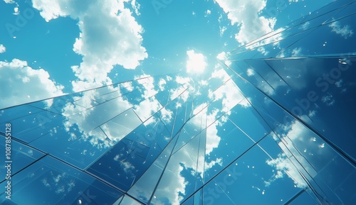 Reflective glass architecture reaching toward the blue sky with scattered clo...