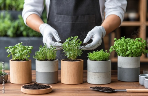 Gardener tending to fresh herbs in modern pots at a plant nursery during dayl...