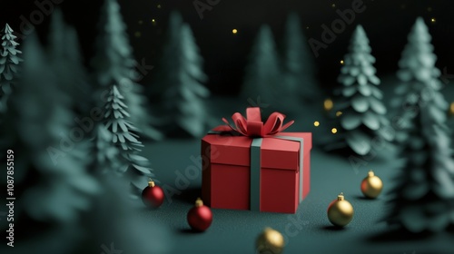 A beautifully wrapped red gift box surrounded by evergreen trees and festive ...