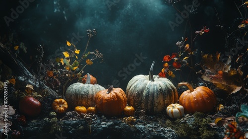 Autumn harvest display with pumpkins and colorful leaves in a rustic setting