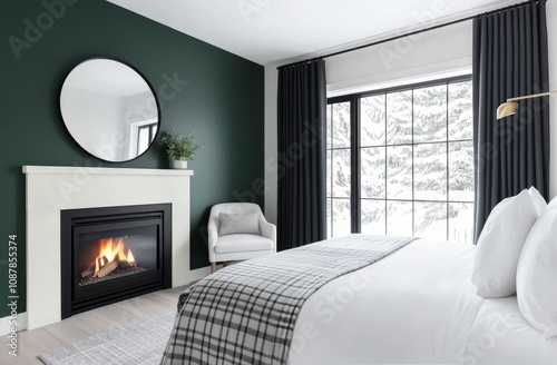 Cozy winter bedroom with a fireplace and large window showcasing snowy landscape