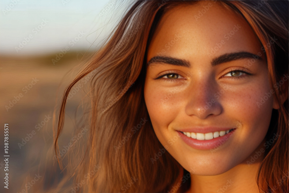 Smiling Woman in a Serene Sunset Meadow, Radiating Happiness, Beauty, and Natural Charm in the Golden Hour Smiling Woman in a Serene Sunset Meadow, Radiating Happiness, Beauty, and Natural Charm in the Golden Hour