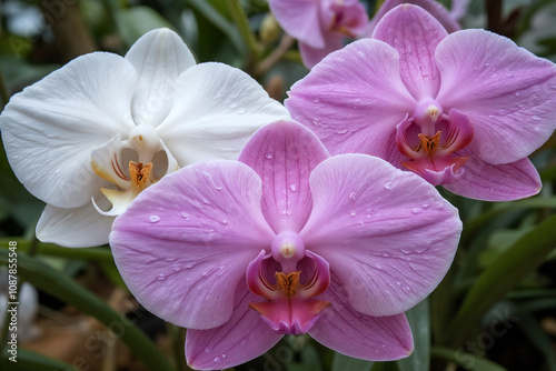 Beautiful close-up of white and pink orchids with water droplets showcasing their delicate beauty