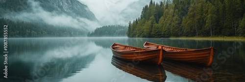 Serene lakeside view with wooden boats and misty mountains in the background ...