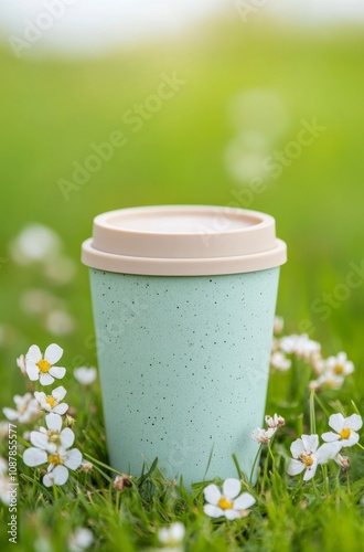 A pastel green coffee cup resting on grass surrounded by small white flowers ...