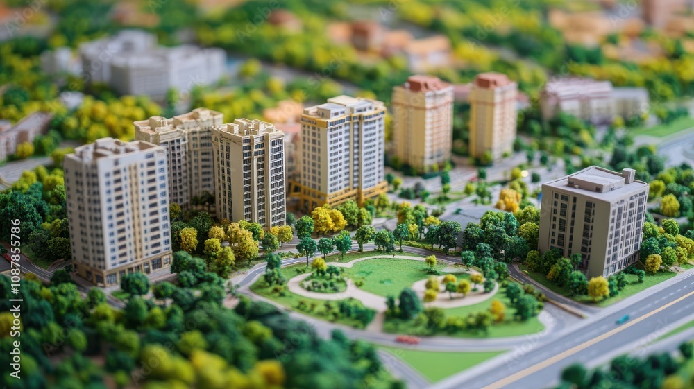 Obraz premium An intricate urban infrastructure model, showcasing buildings, roads, and parks in miniature