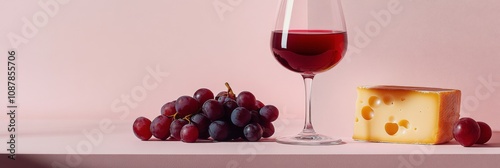 A glass of red wine beside a block of cheese and fresh grapes on a soft pink ...