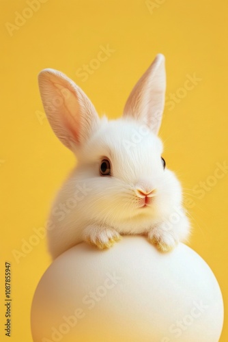 Cute white rabbit resting on a white egg with yellow background during spring...