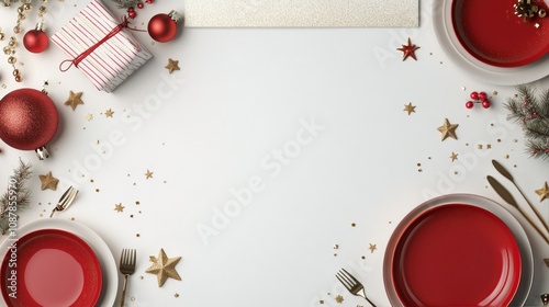 Decorative Christmas dining table with red plates and festive ornaments for h...