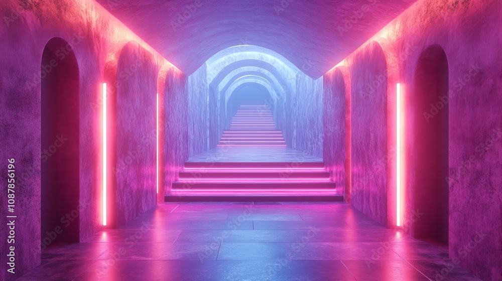 A long, narrow hallway with pink walls and pink stairs A long, narrow hallway with pink walls and pink stairs