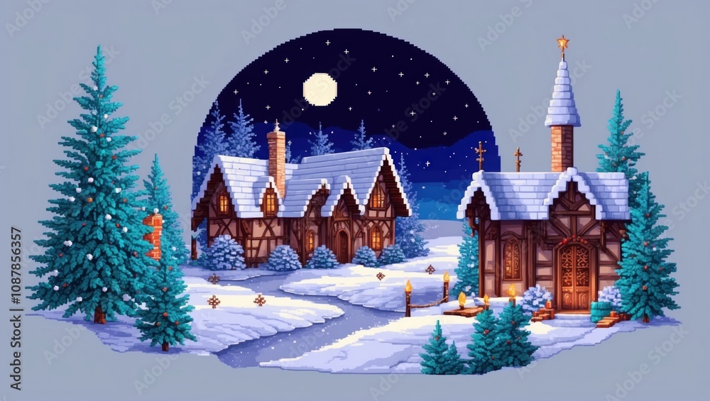 Fototapeta premium Wallpaper pixel art, retro styles christmas cottage in evening winter landscape