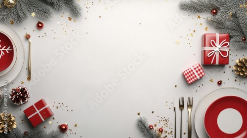 Decorative Christmas dining table with red plates and festive ornaments for h...