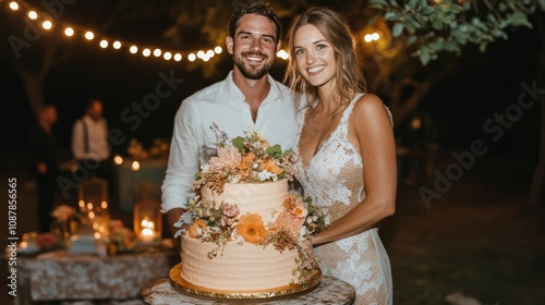 Couple celebrates their nighttime wedding reception with a floral cake outdoors