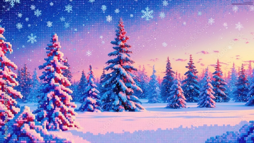 Obraz premium Pixel art style, illustration showing beautiful winter corner of snow-covered trees