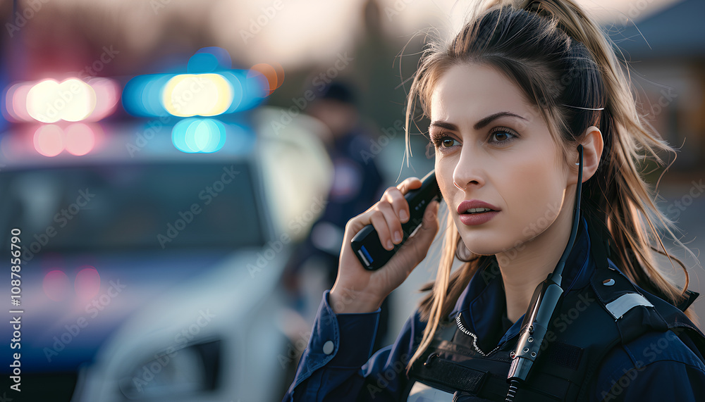 policewoman using walkie-talkie and looking at camera with blurred partner near car on background policewoman using walkie-talkie and looking at camera with blurred partner near car on background