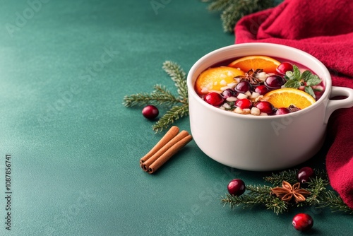 A cozy winter pot of spiced fruit with cranberries, oranges, and cinnamon sti...