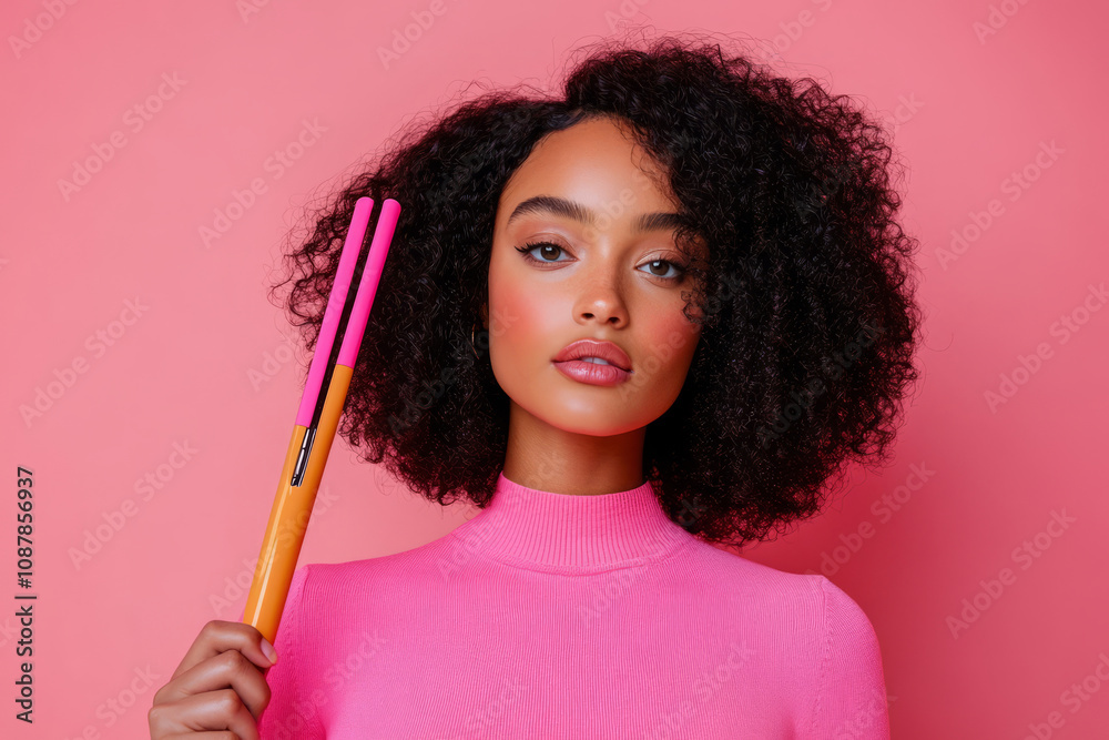Stylish woman with natural hair holding a hair straightener on a pink background Stylish woman with natural hair holding a hair straightener on a pink background