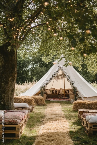 Charming outdoor event setup with a pathway, chairs, and decorative elements ...