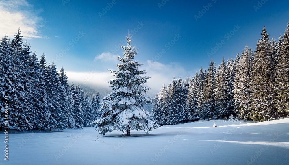 Fototapeta premium Image generated with AI. Christmas fir tree in snowy winter landscape