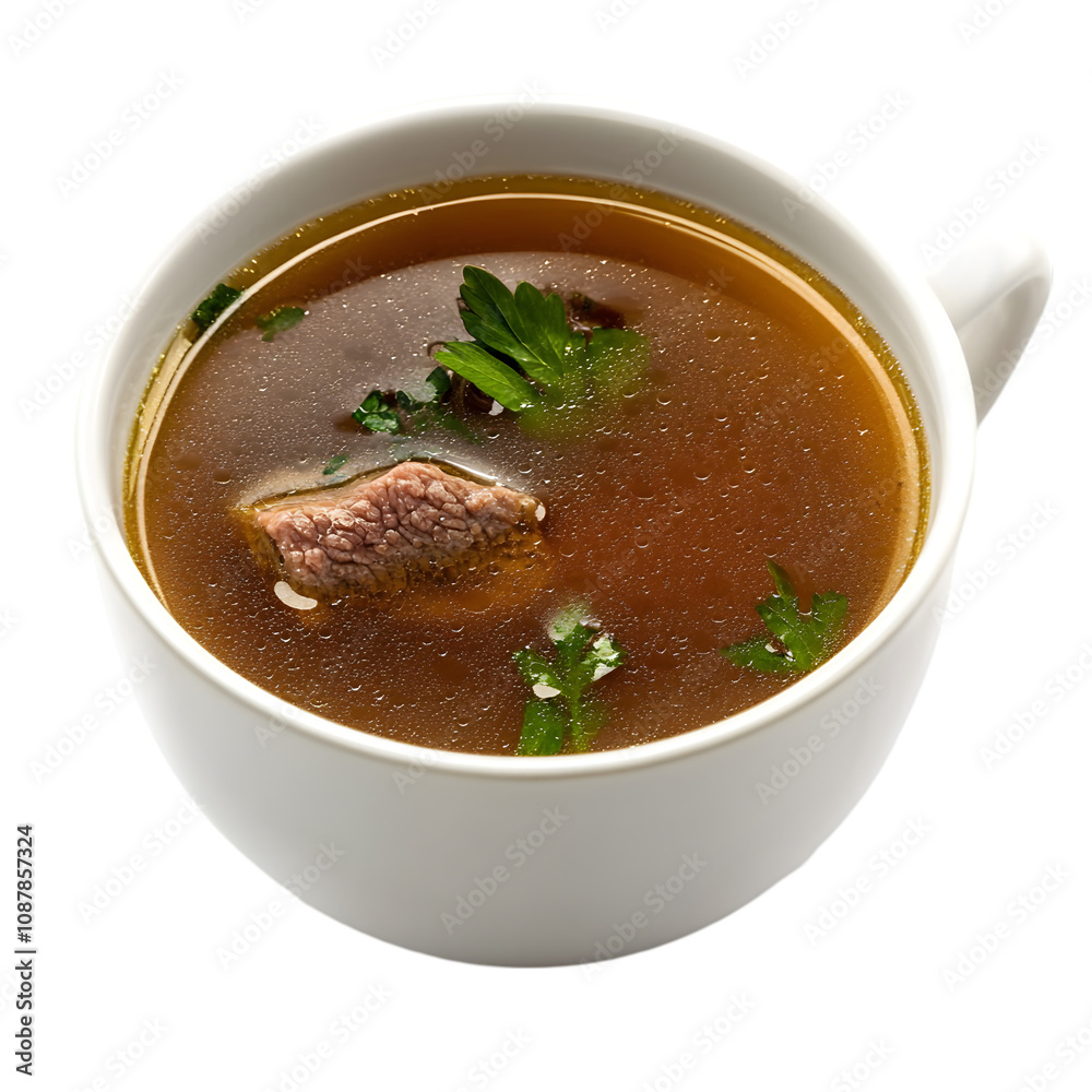 Delicious Beef Broth Soup in White Mug Hot Comfort Food Culinary Restaurant Delicious Beef Broth Soup in White Mug Hot Comfort Food Culinary Restaurant