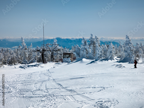 Skier on the summit of Mount Yokoteyama (Shibutoge) in Japan photo