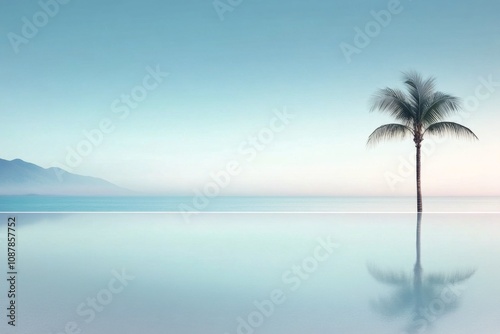 Serene palm tree reflecting in tranquil waters under a clear sky at dawn
