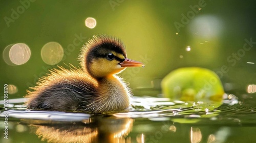 A cute duckling swimming in calm water surrounded by vibrant green foliage du...