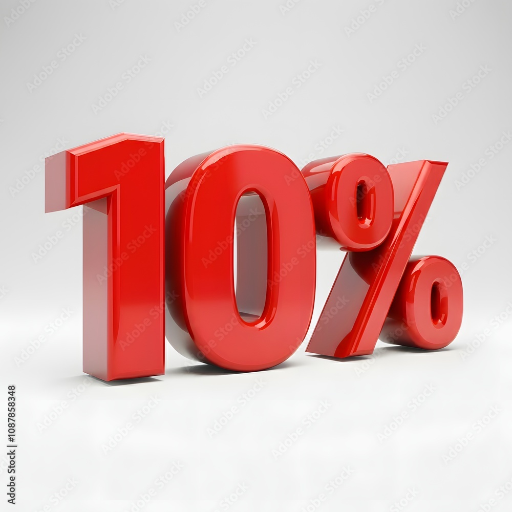 Vibrant 3D image of bold, glossy red text showing '10%' on a pure white background. The text features a sleek and modern design, with reflective and hyper-realistic details ideal for promotional and m Vibrant 3D image of bold, glossy red text showing '10%' on a pure white background. The text features a sleek and modern design, with reflective and hyper-realistic details ideal for promotional and m