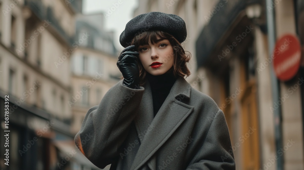 A stylish woman in a city street, wearing a coat and beret, exuding a chic vibe. A stylish woman in a city street, wearing a coat and beret, exuding a chic vibe.