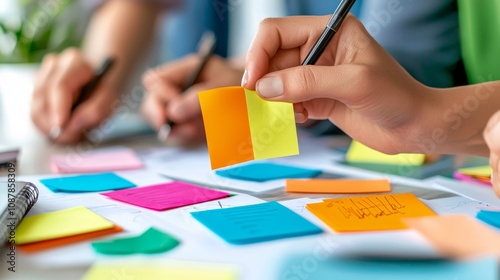 Collaborative Modern Workspace with Diverse Employees Engaged in Project Planning Using Colorful Sticky Notes and Notebooks