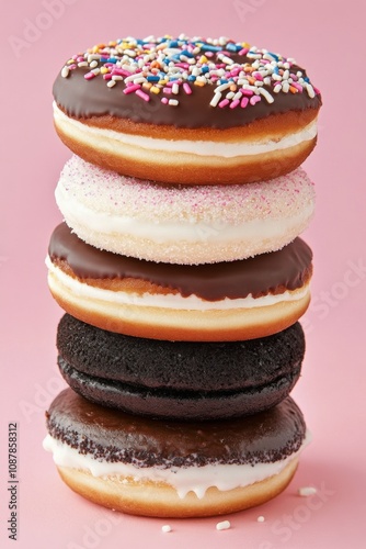 Delicious stacked donuts with chocolate and vanilla frosting on a wooden tabl...