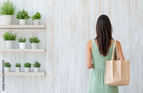 Woman standing in a modern interior with green plants and carrying a shopping...