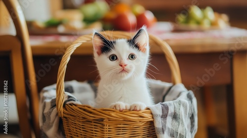 A playful kitten sits in a woven basket on a dining table amidst fresh fruit ...