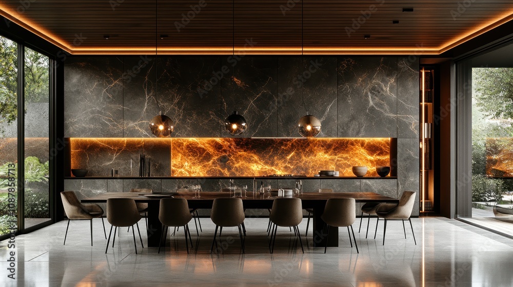 Luxurious modern dining room with backlit marble wall and large wooden table.