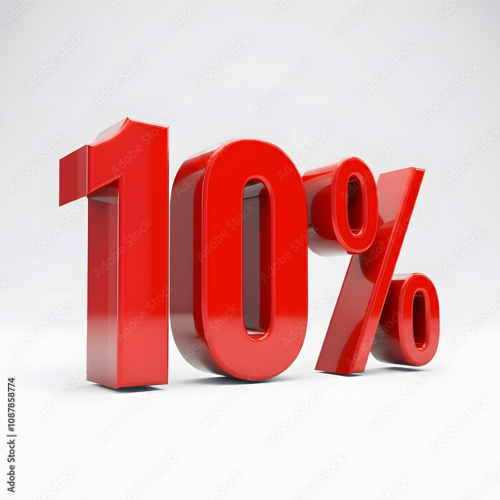 Vibrant 3D image of bold, glossy red text showing '10%' on a pure white background. The text features a sleek and modern design, with reflective and hyper-realistic details ideal for promotional and m Vibrant 3D image of bold, glossy red text showing '10%' on a pure white background. The text features a sleek and modern design, with reflective and hyper-realistic details ideal for promotional and m