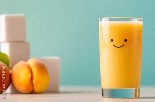 Refreshing peach juice served in a glass with fresh fruit and sugar cubes on ...