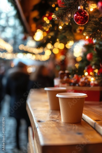 Warm beverages lined up at a festive market during the holiday season