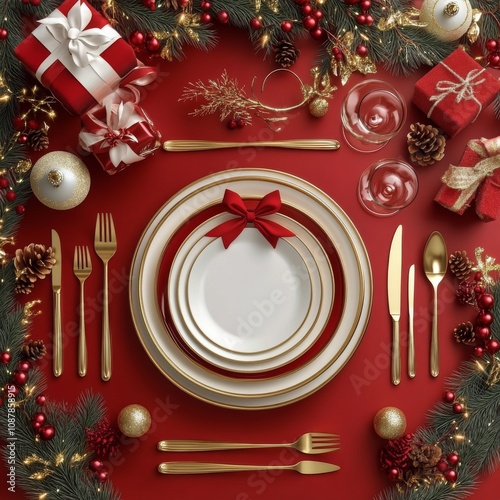 Elegant holiday table setting with red and gold decorations for a festive cel...