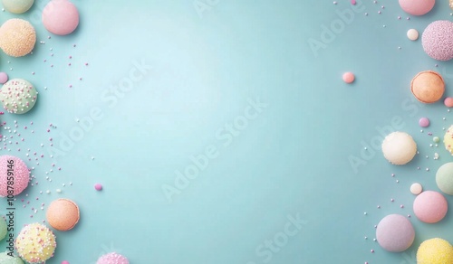 Colorful pastel round candies scattered on a blue background creating a sweet...