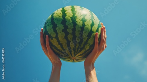 Person holding a large watermelon against a clear blue sky on a sunny day