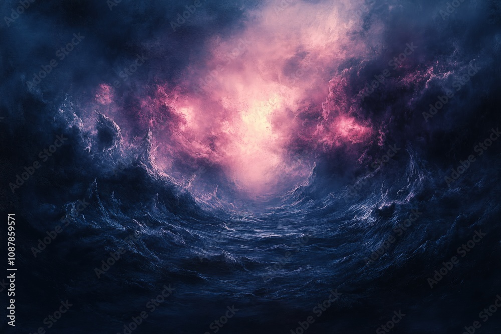 Fototapeta premium Dark dramatic storm clouds illuminated by pink light, creating a surreal atmosphere