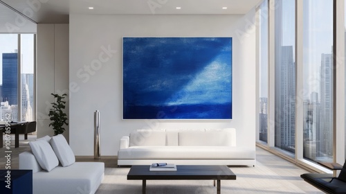 Modern apartment living room features blue abstract art